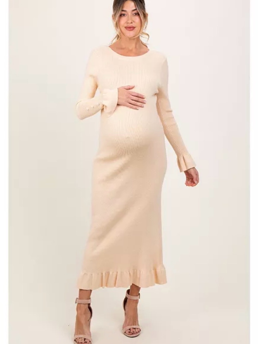 Pinkblush Cream Ribbed Maternity Maxi Dress with Ruffle Hem